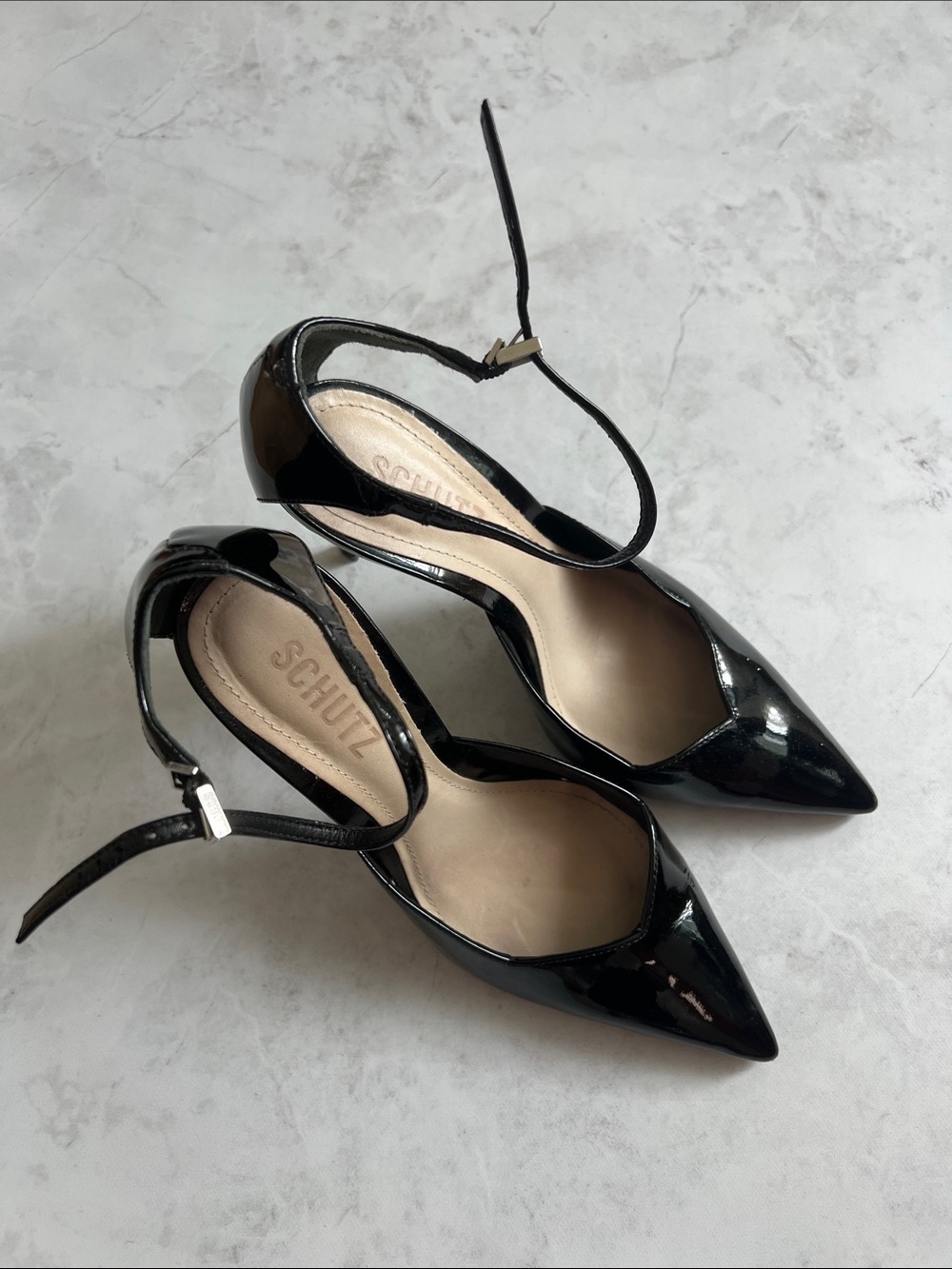 SCHUTZ Black Patent Pointed-Toe Ankle-Strap Pumps 7B